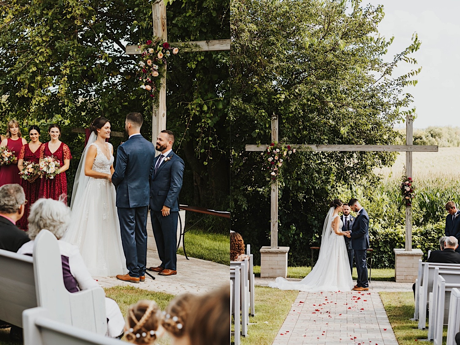 2 photos side by side of a bride and groom standing next to one another during their outdoor wedding ceremony 2 photos side by side of a bride and groom standing next to one another during their outdoor wedding ceremony