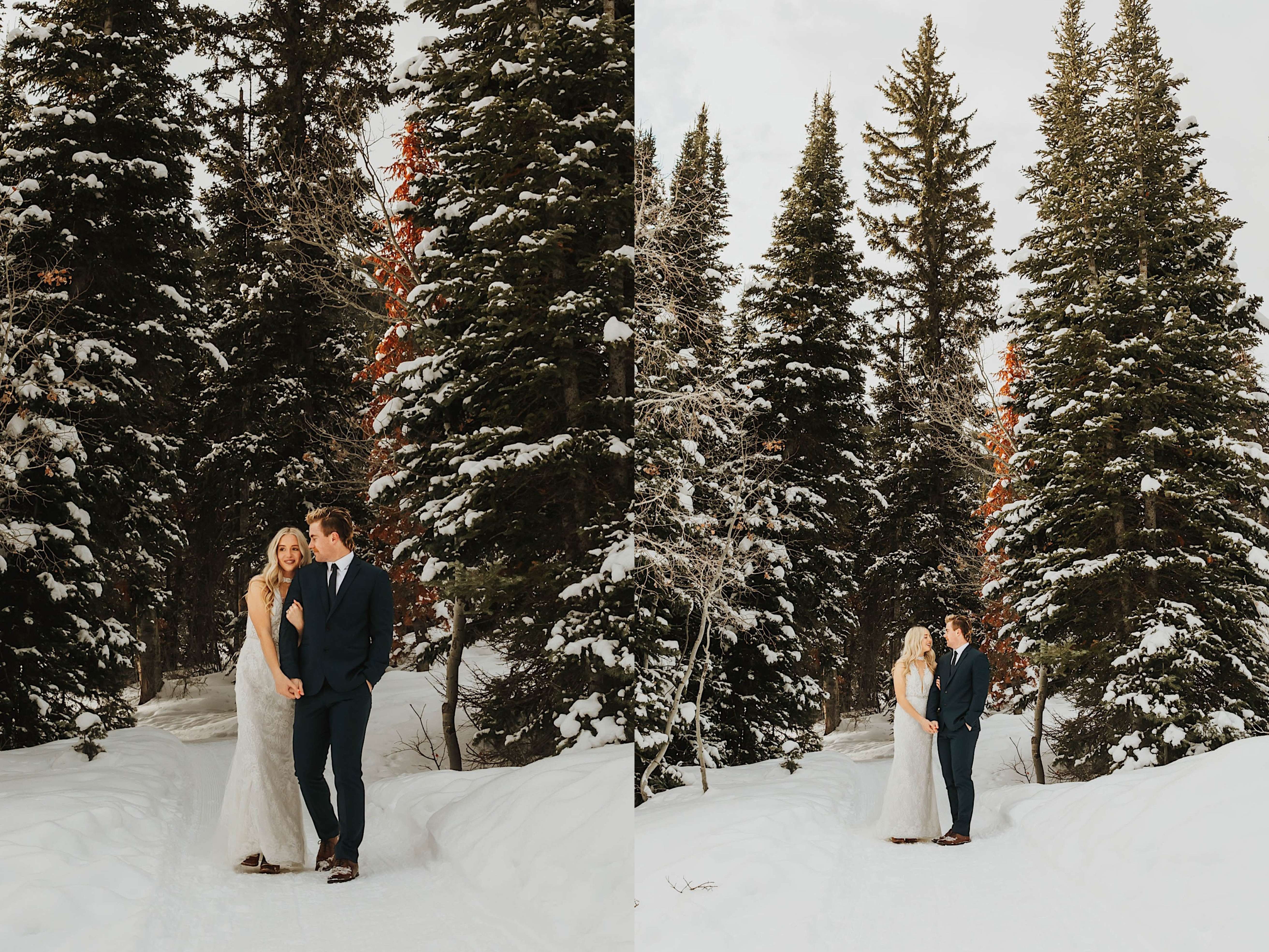 2 photos side by side of a bride and groom in a snow covered forest walking alongside one another in the trees