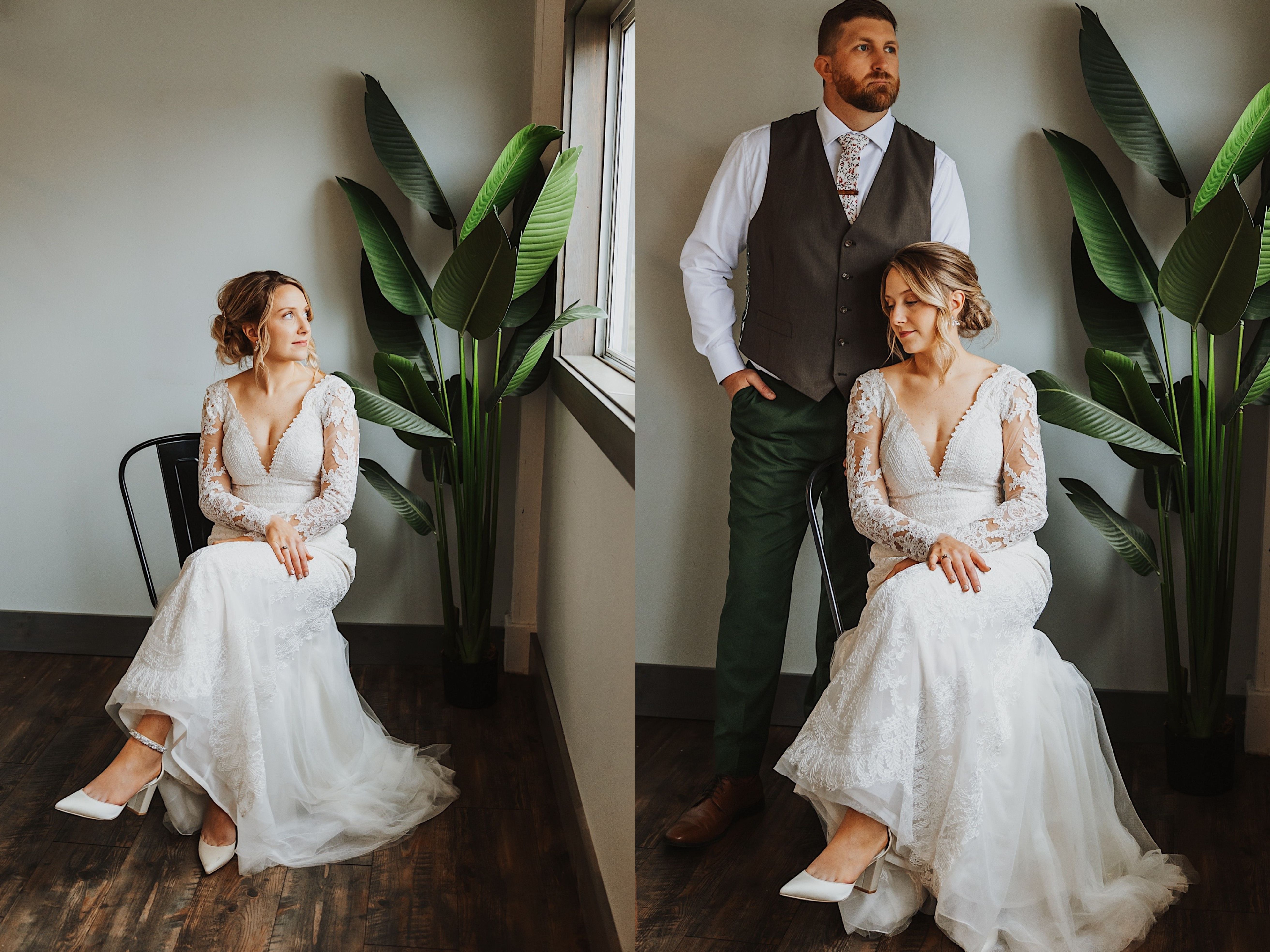 2 photos side by side, the left is a portrait photo of a bride sitting in a chair looking out a window, the right is of the bride in the same chair with the groom standing next to her