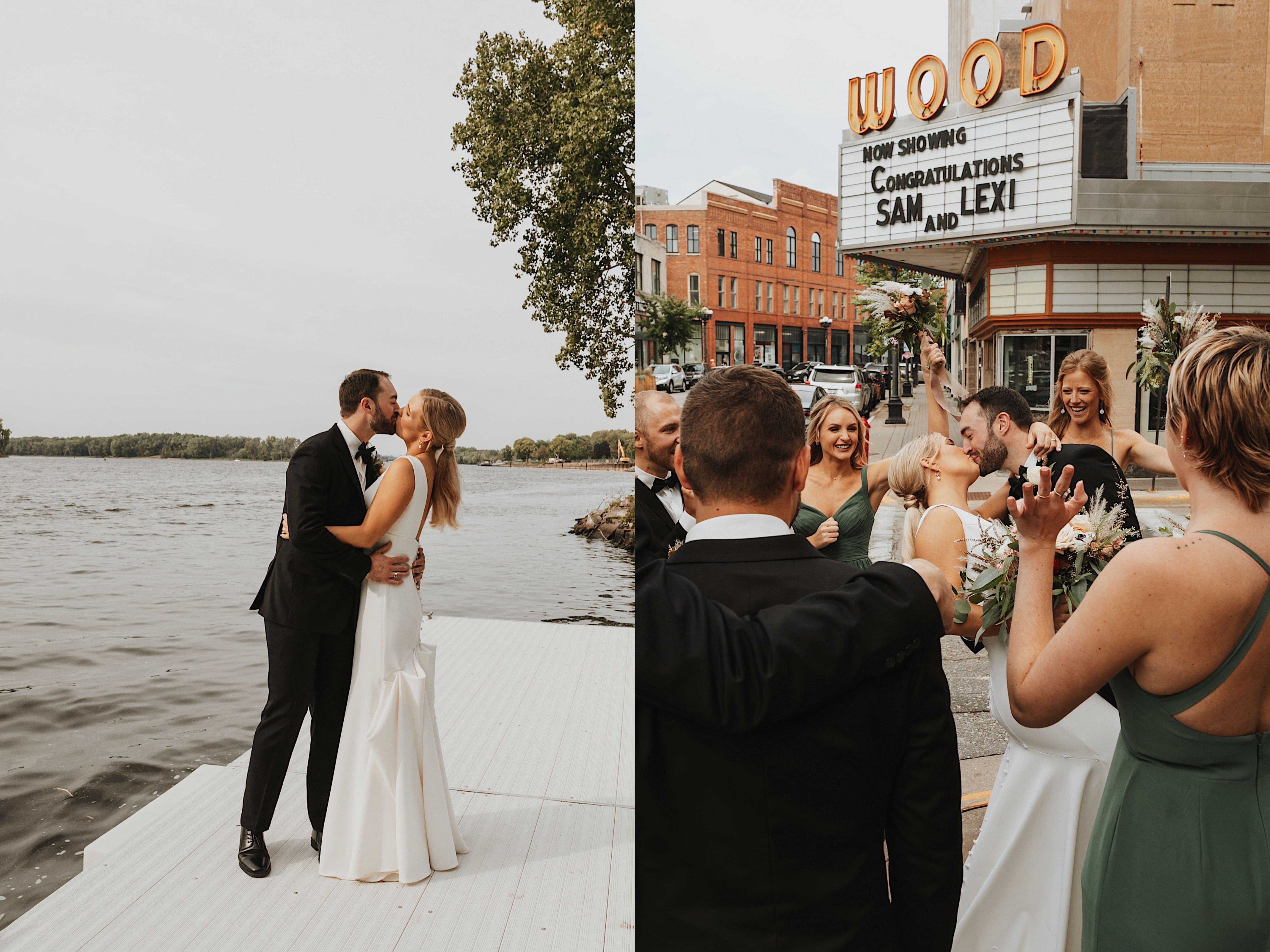 2 side by side photos, on the left a bride and groom kiss on a dock surrounded by water, the right photo is of them kissing in downtown La Crosse with their wedding party around them