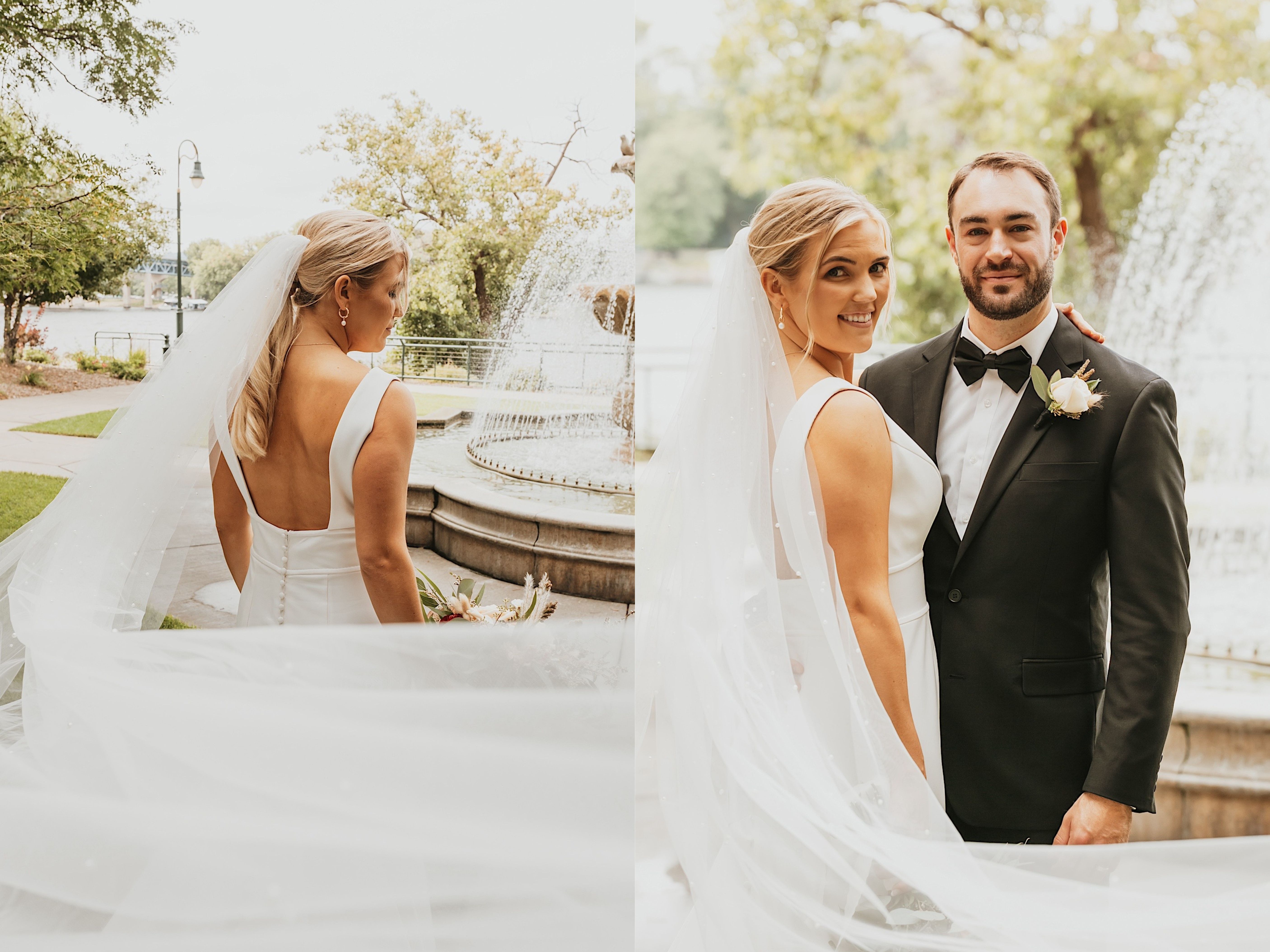 2 photos side by side, the left is of a bride with her back to the camera in front of a fountain, the right is of the bride and groom in front of a fountain smiling at the camera