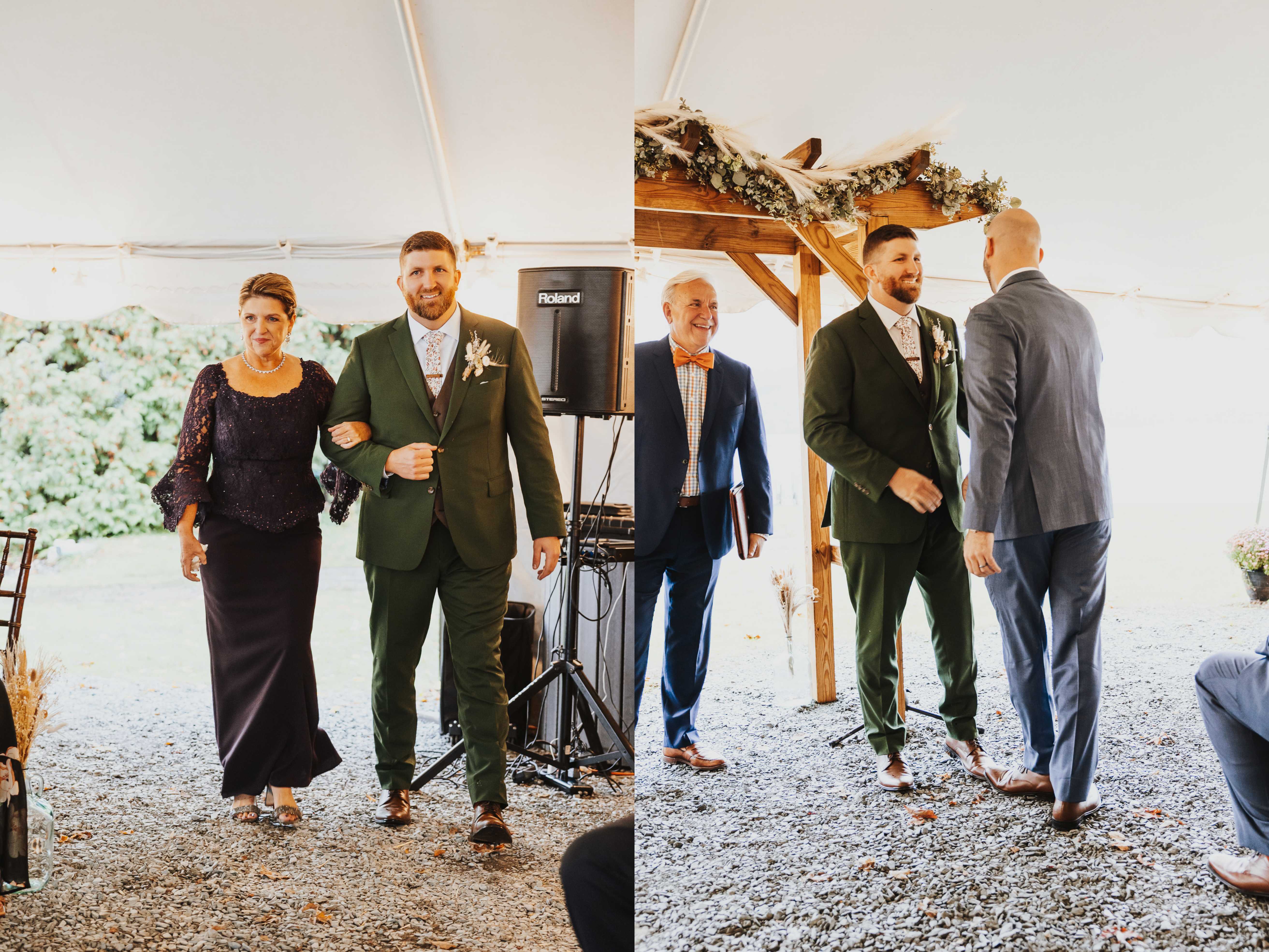 2 photos side by side, the left is of a groom walking down the aisle of his wedding ceremony while being escorted by his mother, the right is of the groom shaking hands with one of his groomsmen while at the altar