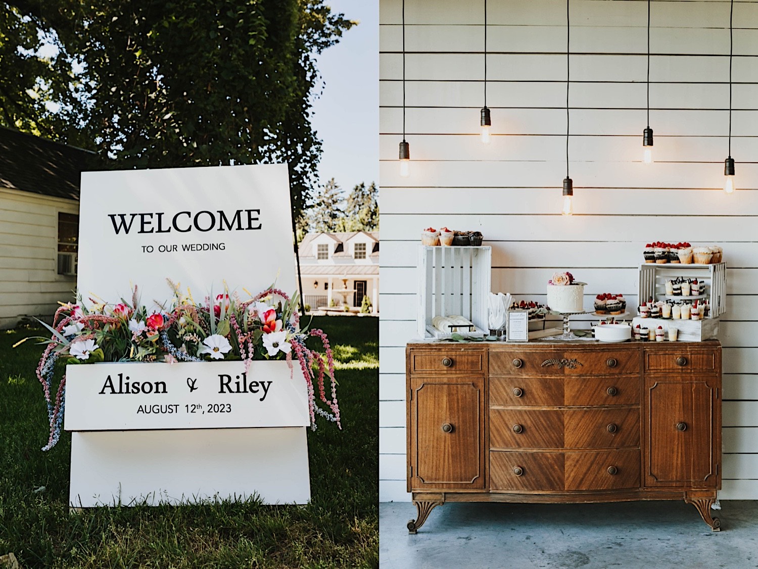 2 photos side by side, the left is of a welcome sign for a wedding, the right is of a dessert table with hanging lights above it