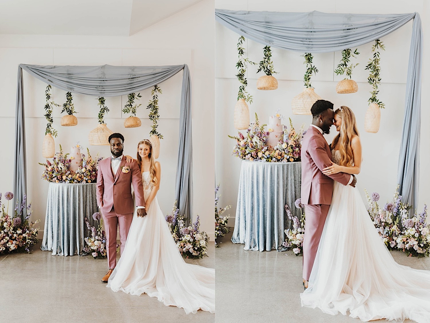 2 photos side by side of a bride and groom standing next to one another, in the left they are smiling at the camera while standing in front of their cake, in the right they are smiling at one another in the same spot while touching foreheads together