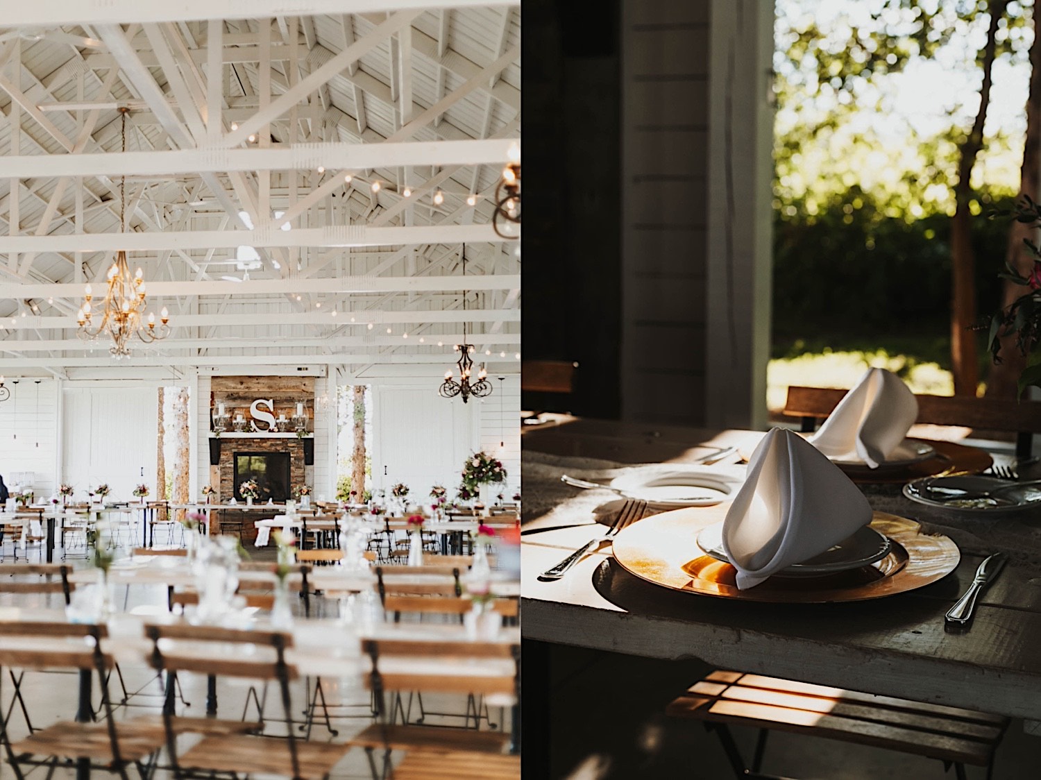 2 photos side by side, the left is of a reception space decorated for a wedding, the right is a detail photo of a plate set up on one of the tables