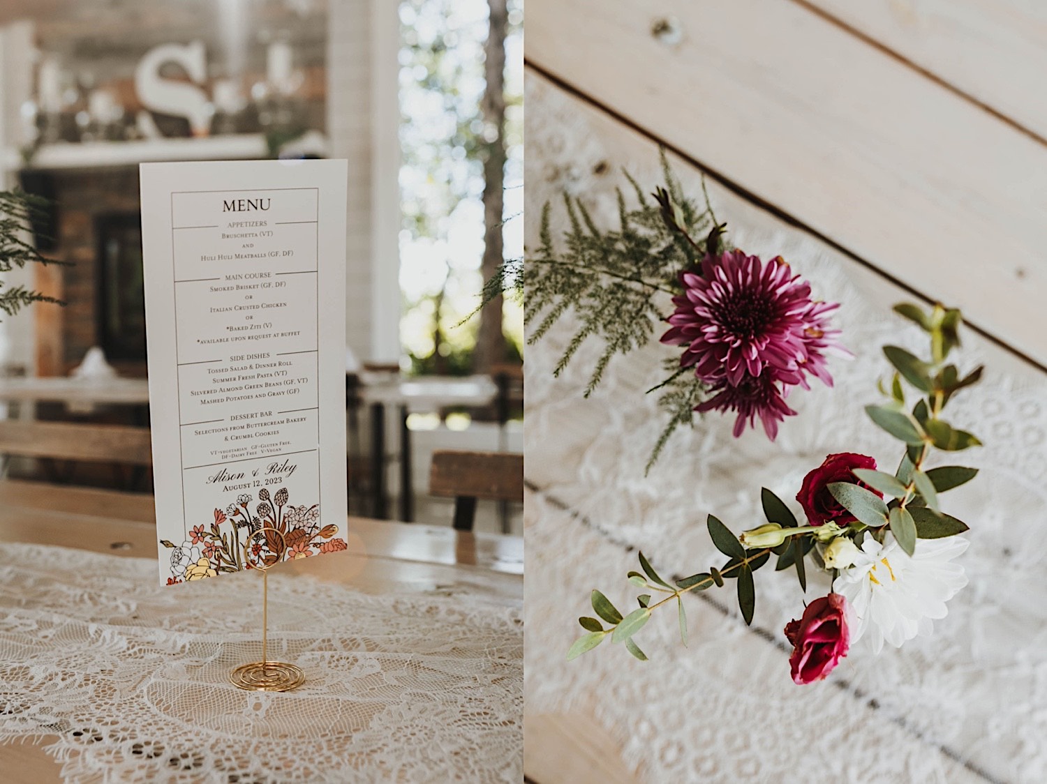 2 photos side by side, the left is a menu for a wedding reception, the right is a detail photo of flowers on a table