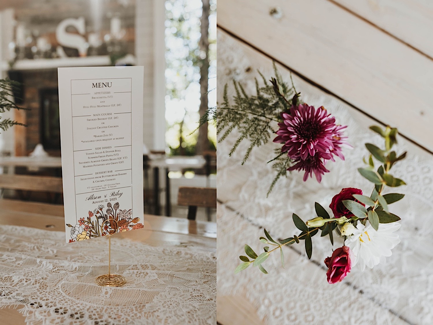 2 photos side by side, the left is a menu for a wedding reception, the right is a detail photo of flowers on a table 2 photos side by side, the left is a menu for a wedding reception, the right is a detail photo of flowers on a table