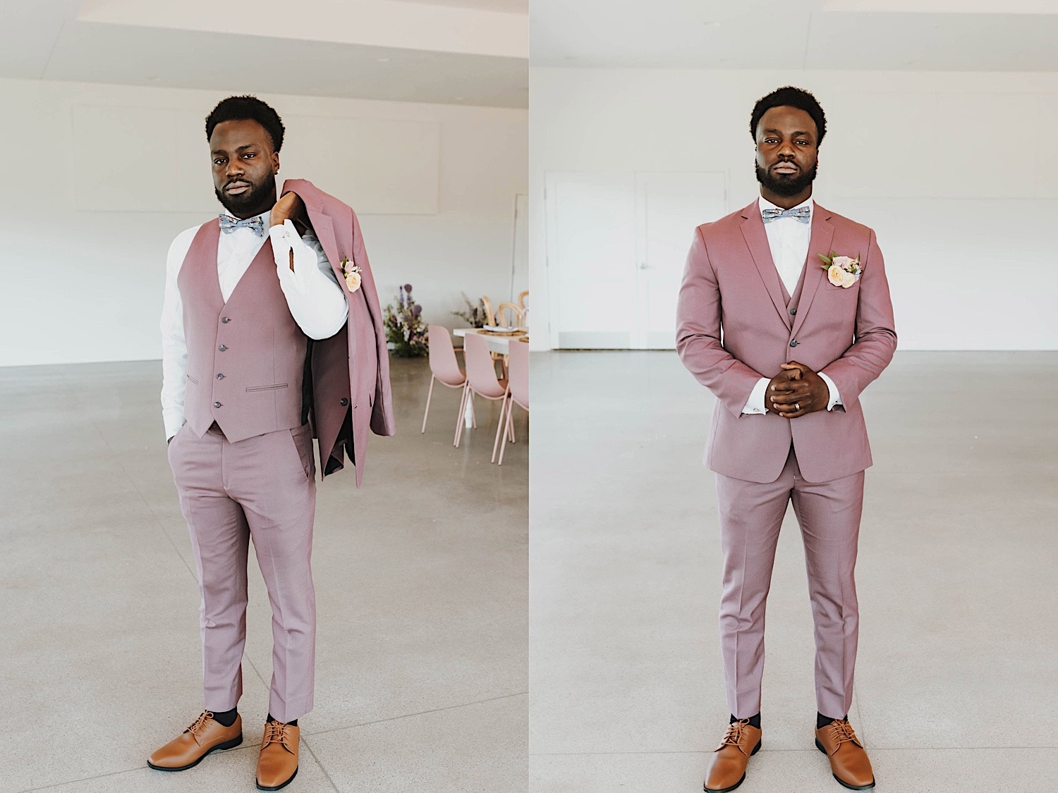 2 photos side by side, the left is of a groom looking at the camera and holding his suit coat over his shoulder, the right is of the groom wearing the suit coat staring at the camera