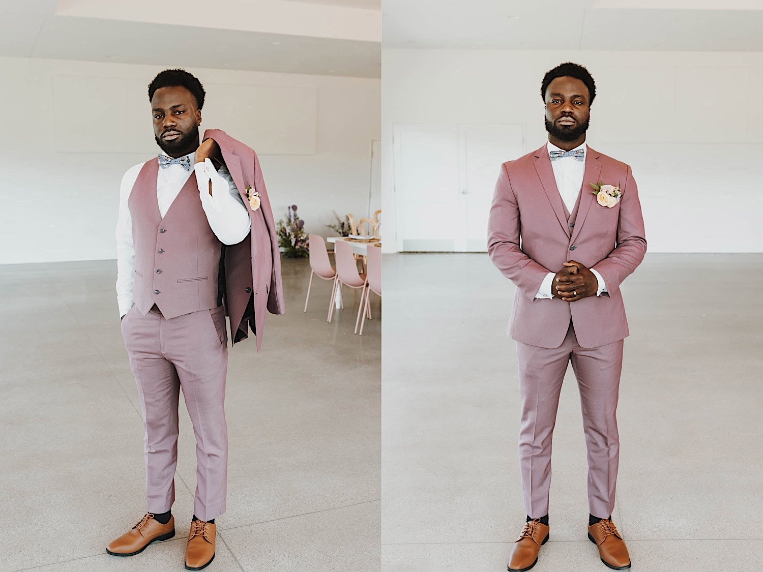 2 photos side by side, the left is of a groom looking at the camera and holding his suit coat over his shoulder, the right is of the groom wearing the suit coat staring at the camera 2 photos side by side, the left is of a groom looking at the camera and holding his suit coat over his shoulder, the right is of the groom wearing the suit coat staring at the camera