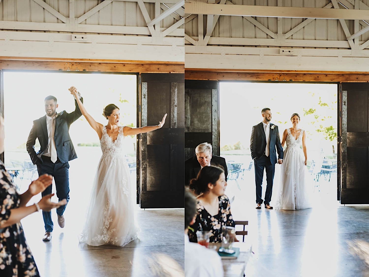 2 photos side by side, the left is of a bride and groom celebrating as they enter their wedding reception, the right is of them standing and smiling about to enter the reception space