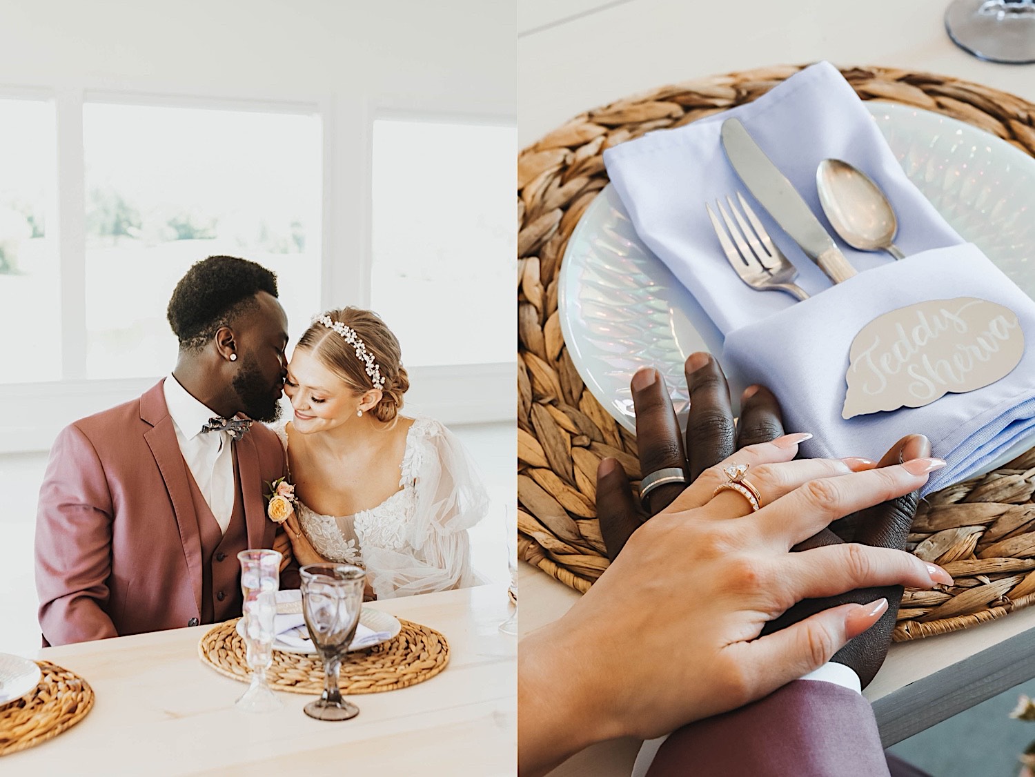 2 photos side by side, the left is of a bride and groom at their table for their reception and the groom is about to kiss the bride's cheek, the right is a close up photo of their hands resting on one another on the table