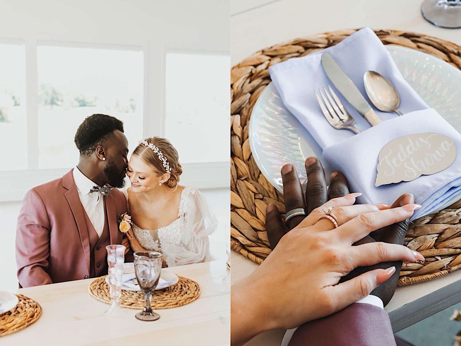 2 photos side by side, the left is of a bride and groom at their table for their reception and the groom is about to kiss the bride's cheek, the right is a close up photo of their hands resting on one another on the table 2 photos side by side, the left is of a bride and groom at their table for their reception and the groom is about to kiss the bride's cheek, the right is a close up photo of their hands resting on one another on the table