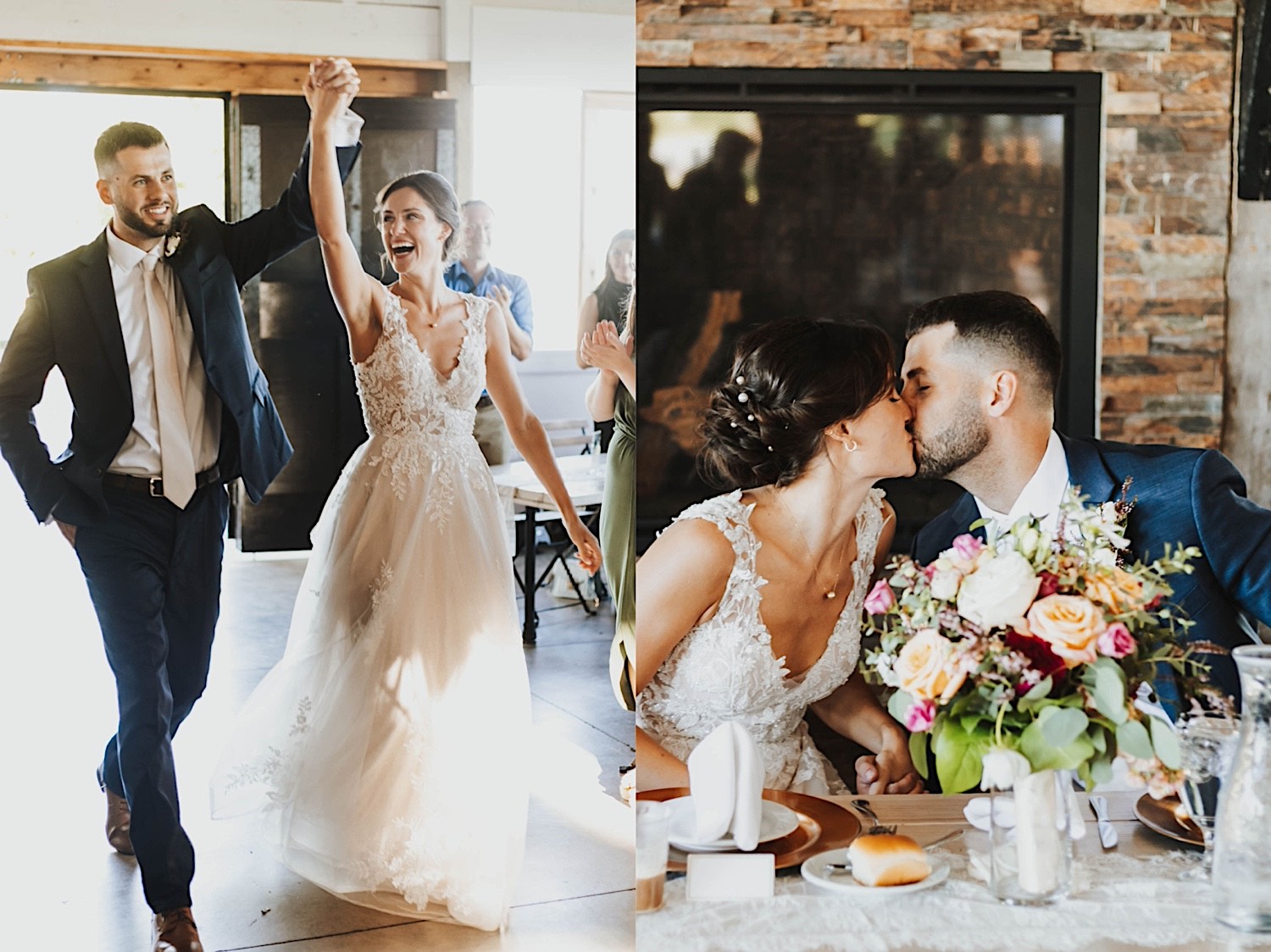 2 photos side by side, the left is of a bride and groom celebrating as they enter their wedding reception space, the right is of the bride and groom kissing while sitting at their wedding reception