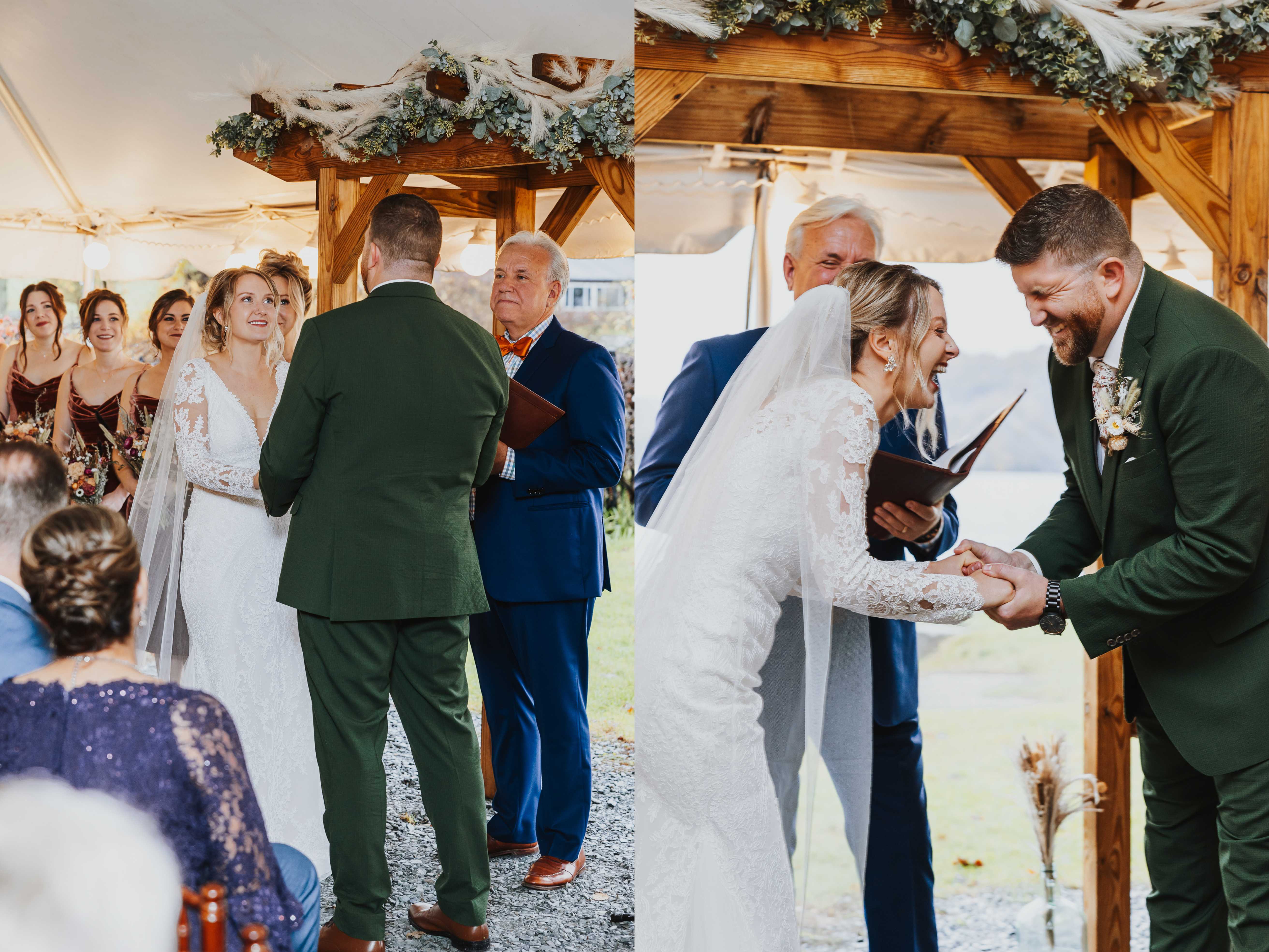 2 photos side by side, the left is of a bride looking at the groom during their wedding ceremony under a tent, the right is of the bride and groom both laughing during the ceremony