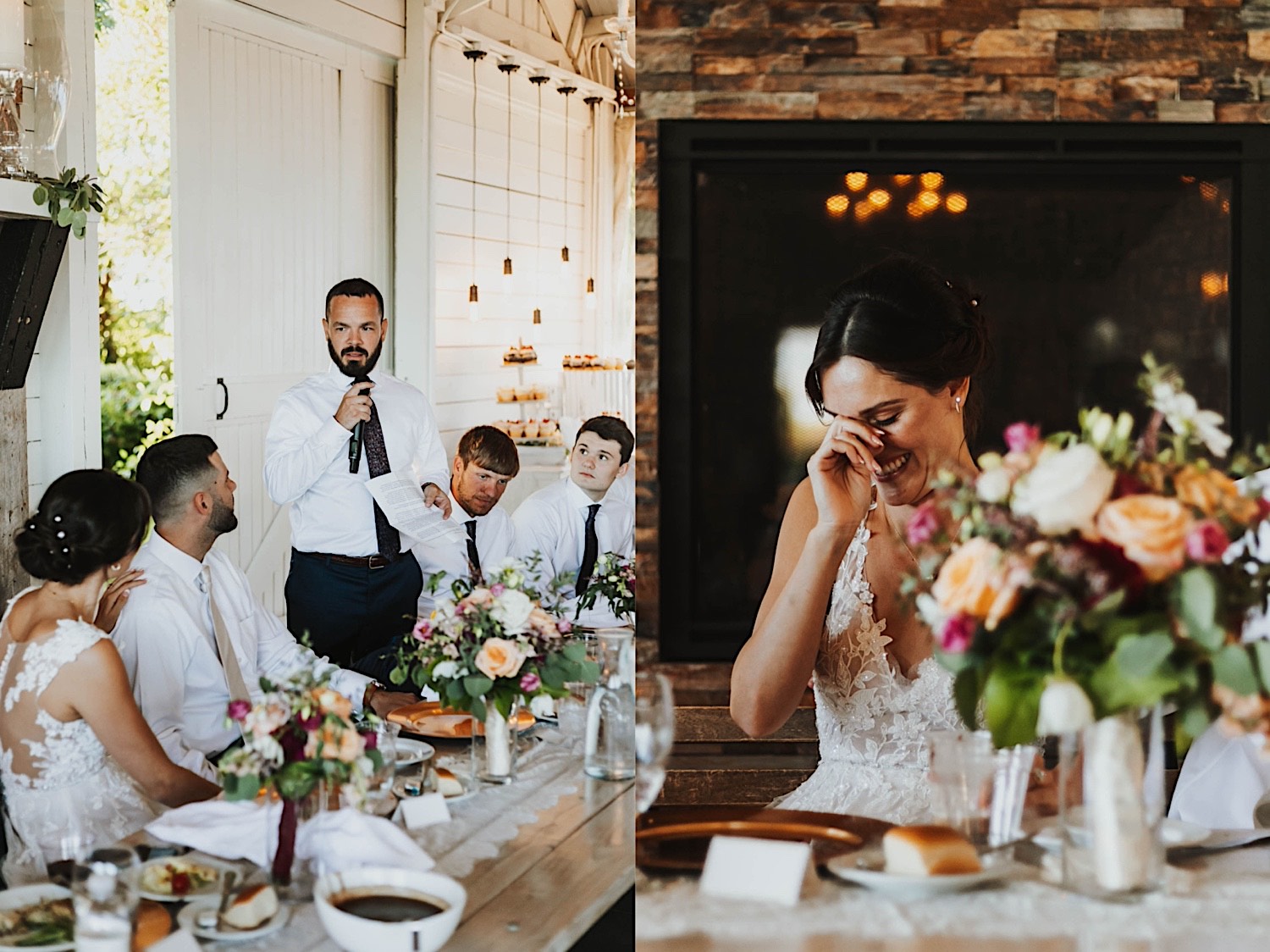2 photos side by side, the left is of a groomsman giving a speech at a wedding reception, the right is of the bride smiling during the speech