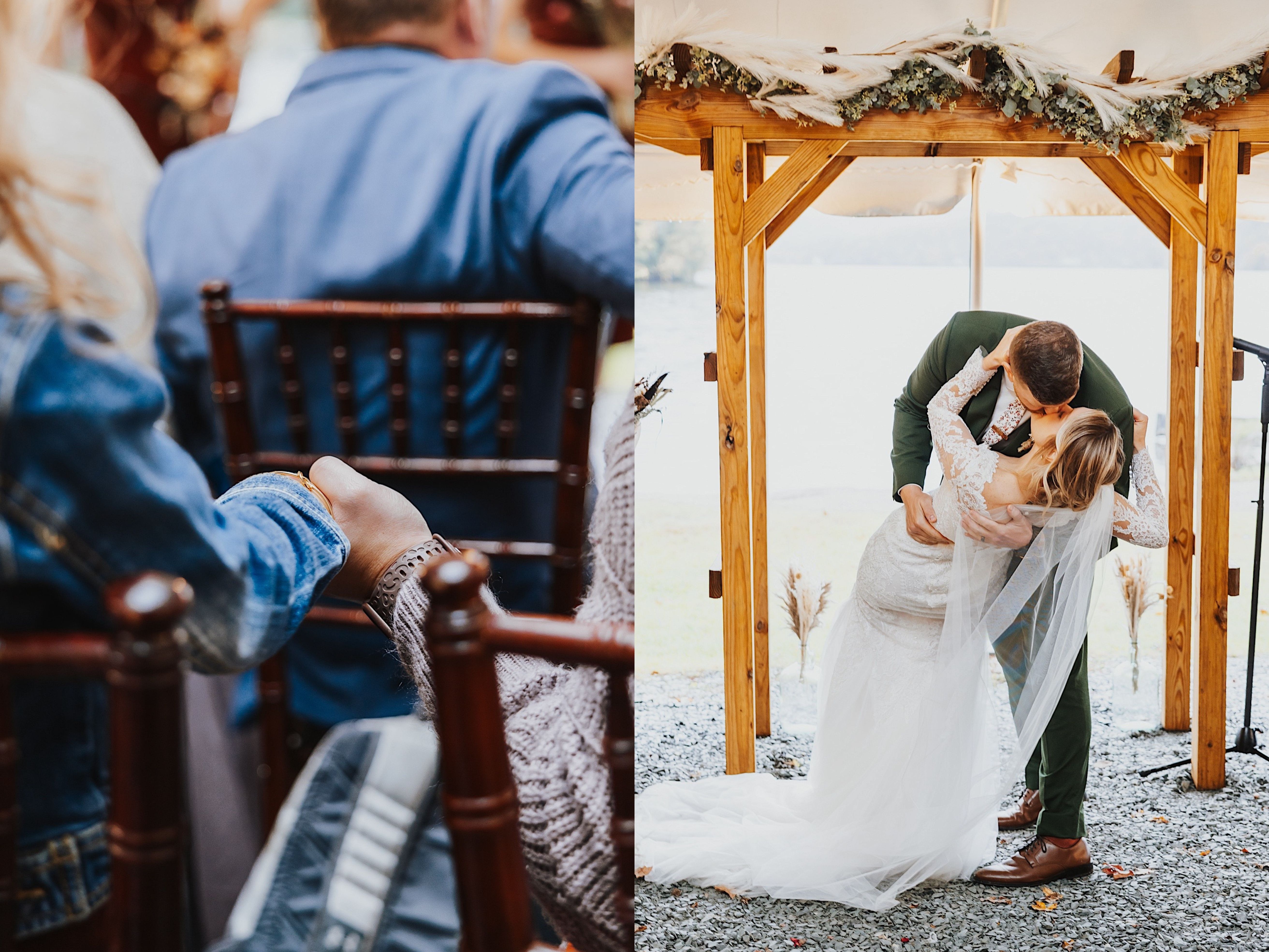 2 photos side by side, the left is a close up photo of two guests of a wedding ceremony holding hands, the right is of a bride and groom kissing during their wedding ceremony