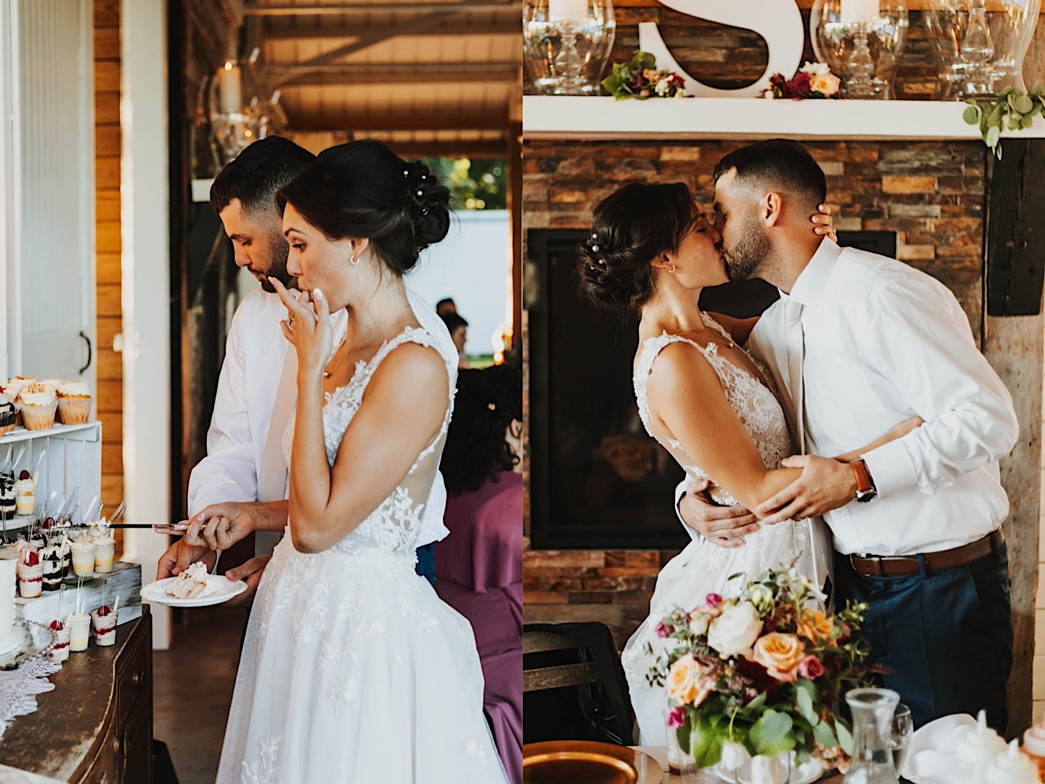 2 photos side by side, the left is of the bride and groom grabbing dessert from the dessert table, the right is of them kissing one another