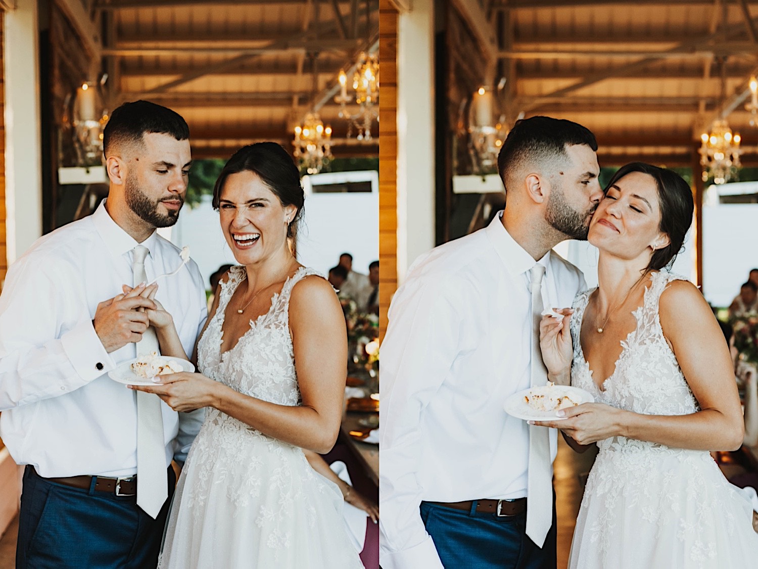2 photos side by side of the bride and groom standing next to one another, the left is of the bride laughing at the camera and the right is of the groom kissing the bride's cheek 2 photos side by side of the bride and groom standing next to one another, the left is of the bride laughing at the camera and the right is of the groom kissing the bride's cheek