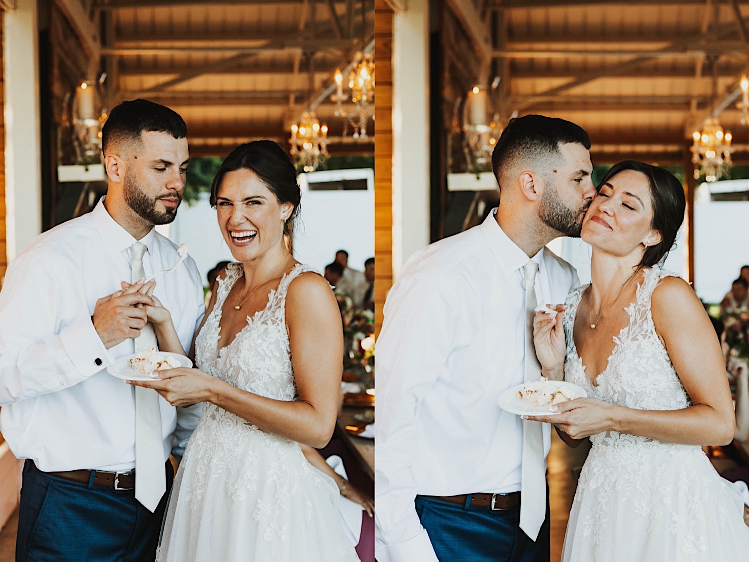 2 photos side by side of the bride and groom standing next to one another, the left is of the bride laughing at the camera and the right is of the groom kissing the bride's cheek