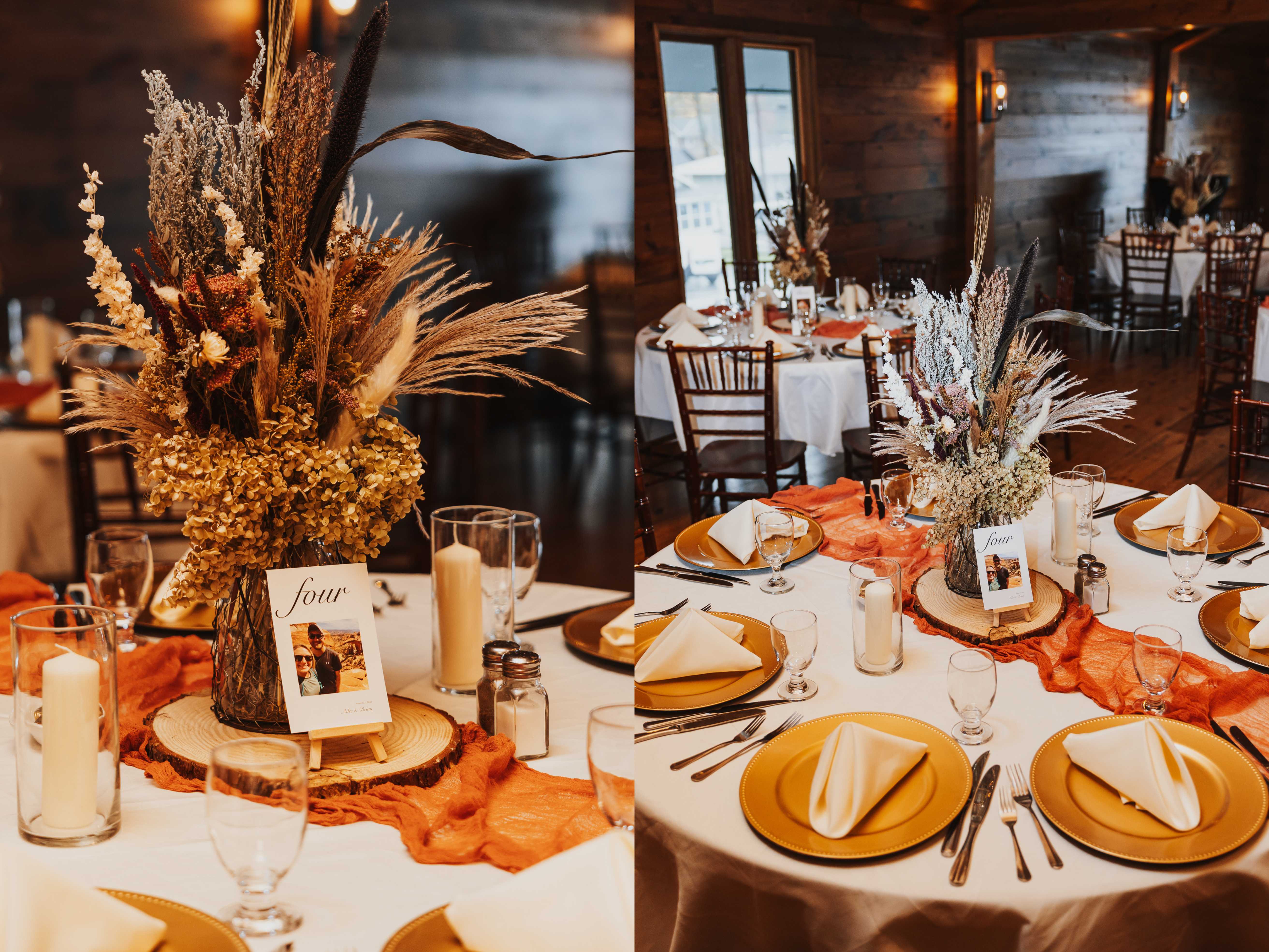 2 side by side photos of tables set up with orange boho decorations for a wedding reception