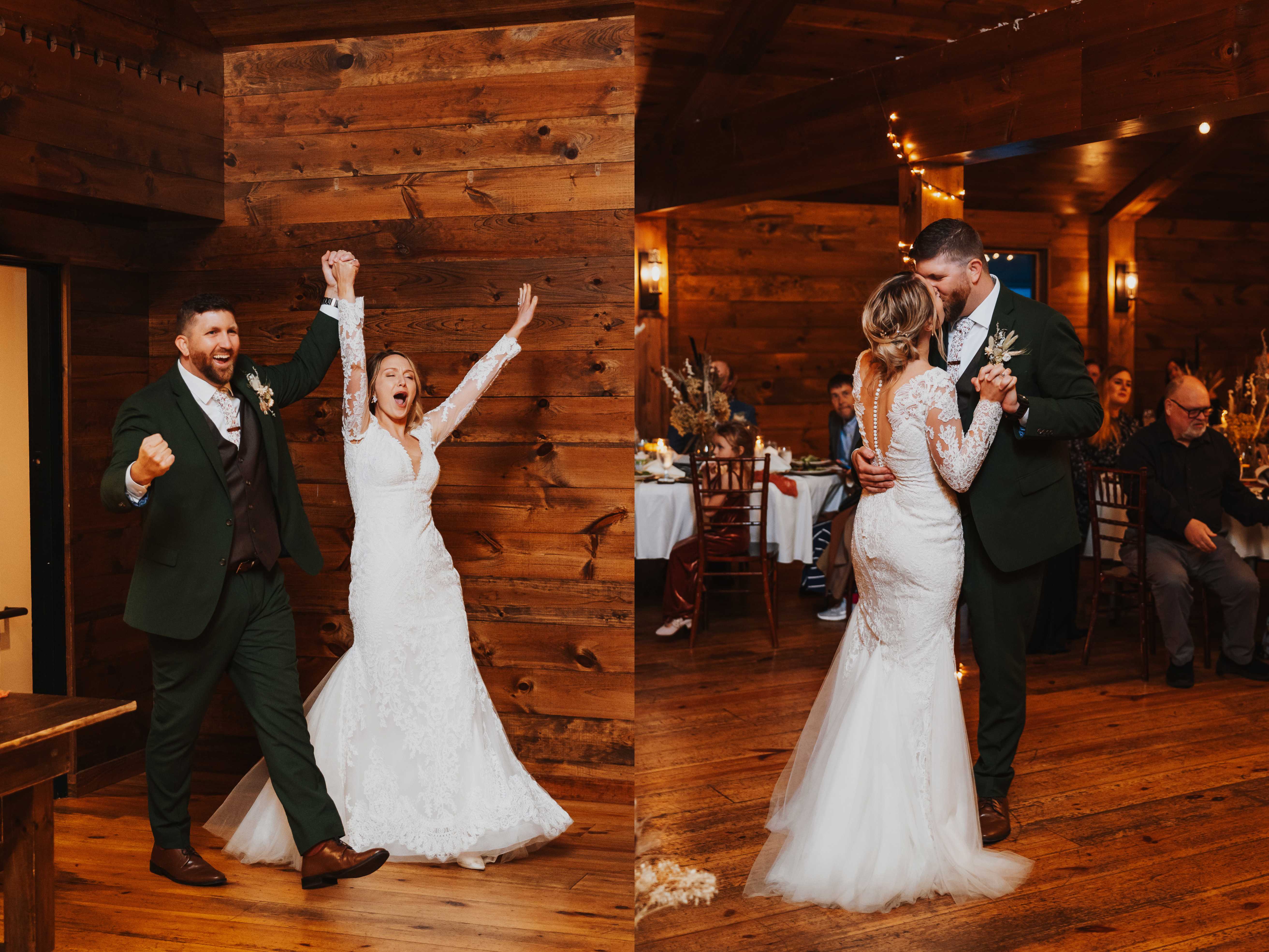 2 photos side by side, the left is of a bride and groom cheering as they enter their reception space, the right is of them kissing as they dance upon entering the space