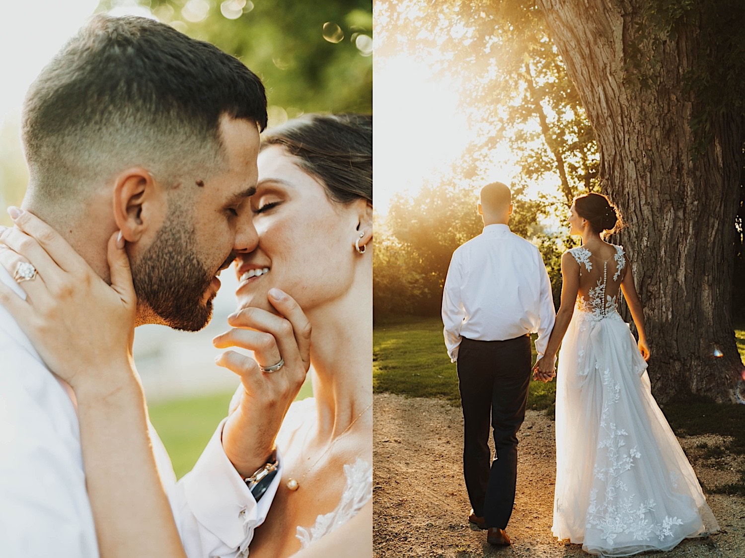 2 photos side by side, the left is of a bride and groom about to kiss one another at sunset, the right is of the same couple walking towards the sunset away from the camera