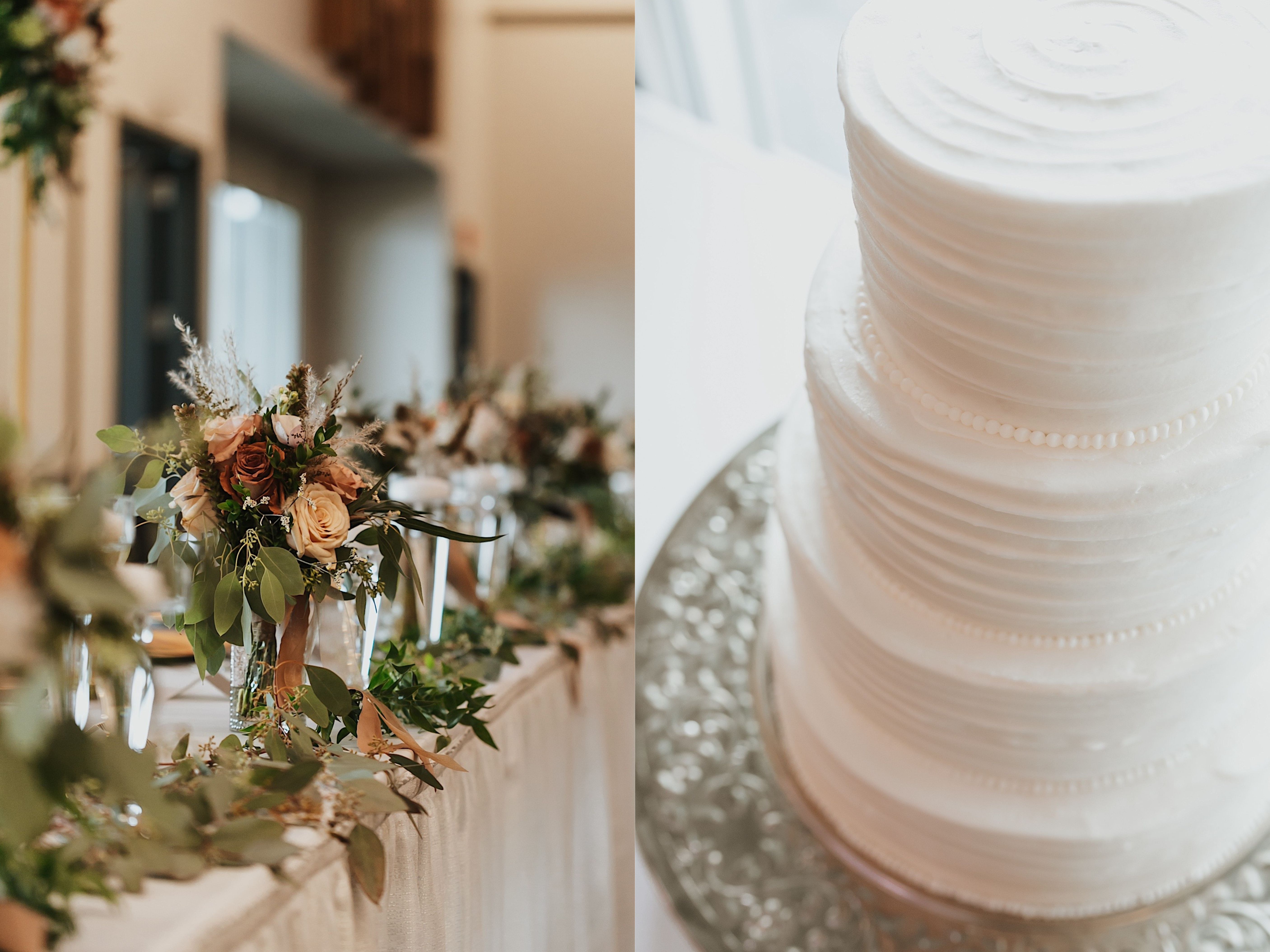 2 photos side by side, both are detail shots the left being florals on a table and the right being a wedding cake