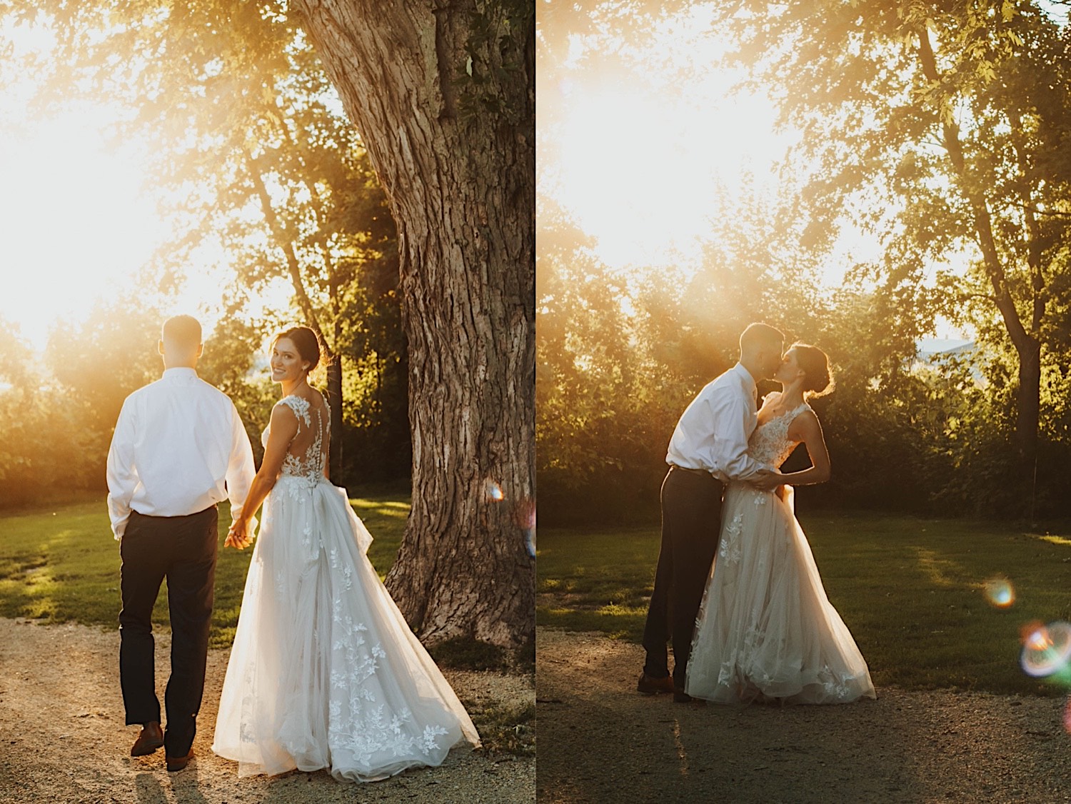 2 photos side by side of a bride and groom standing with their backs to the camera at sunset, in the left photo the bride is looking over her shoulder at the camera