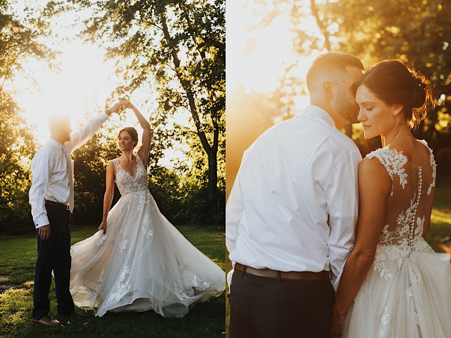 2 photos side by side, the left is of a bride and groom dancing outside at sunset, the right is of the groom kissing the bride's cheek while outside at sunset