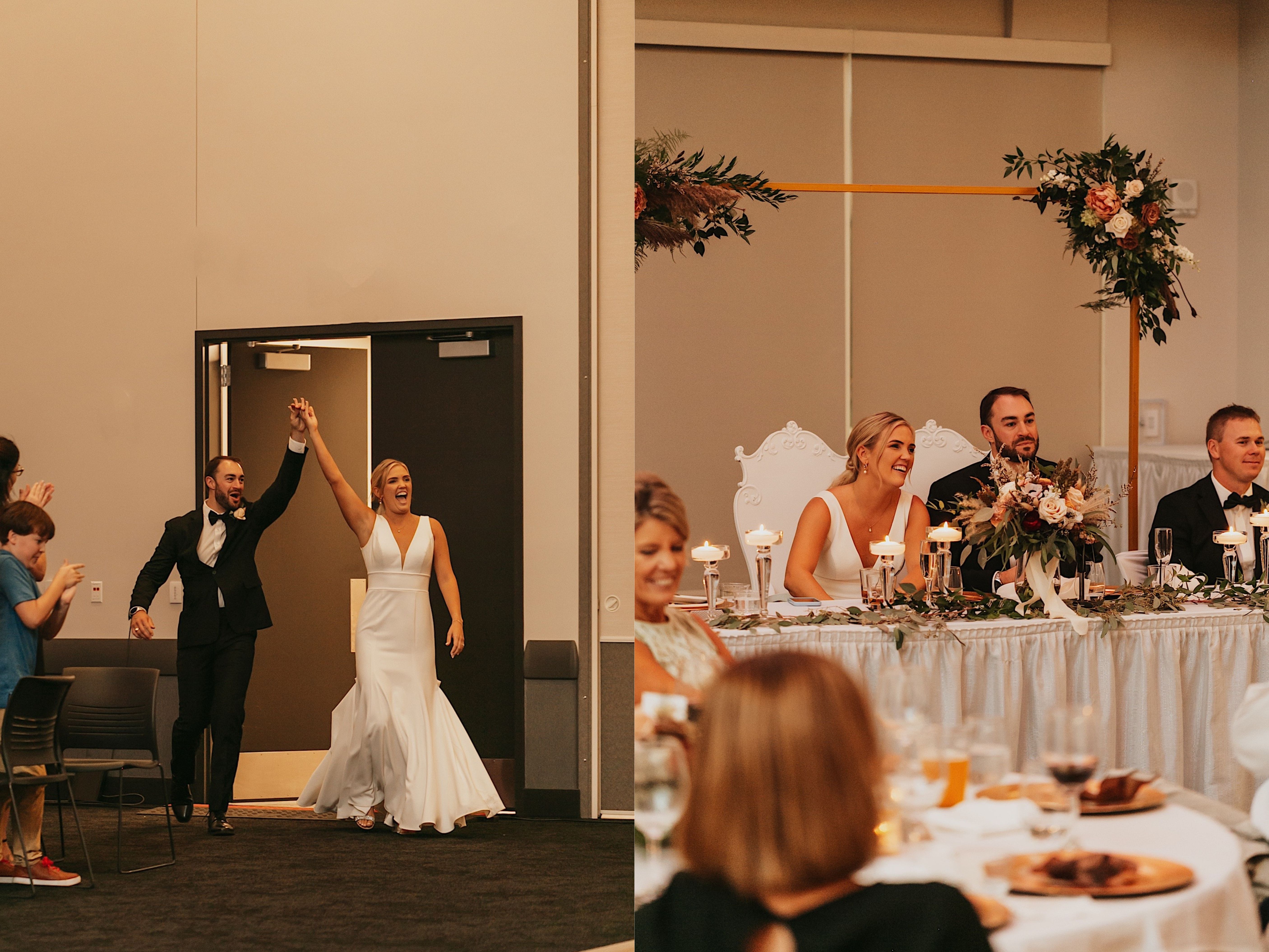 2 side by side photos, the left is of a bride and groom entering their wedding reception and cheering, the right if of them seated at their table listening to a speech
