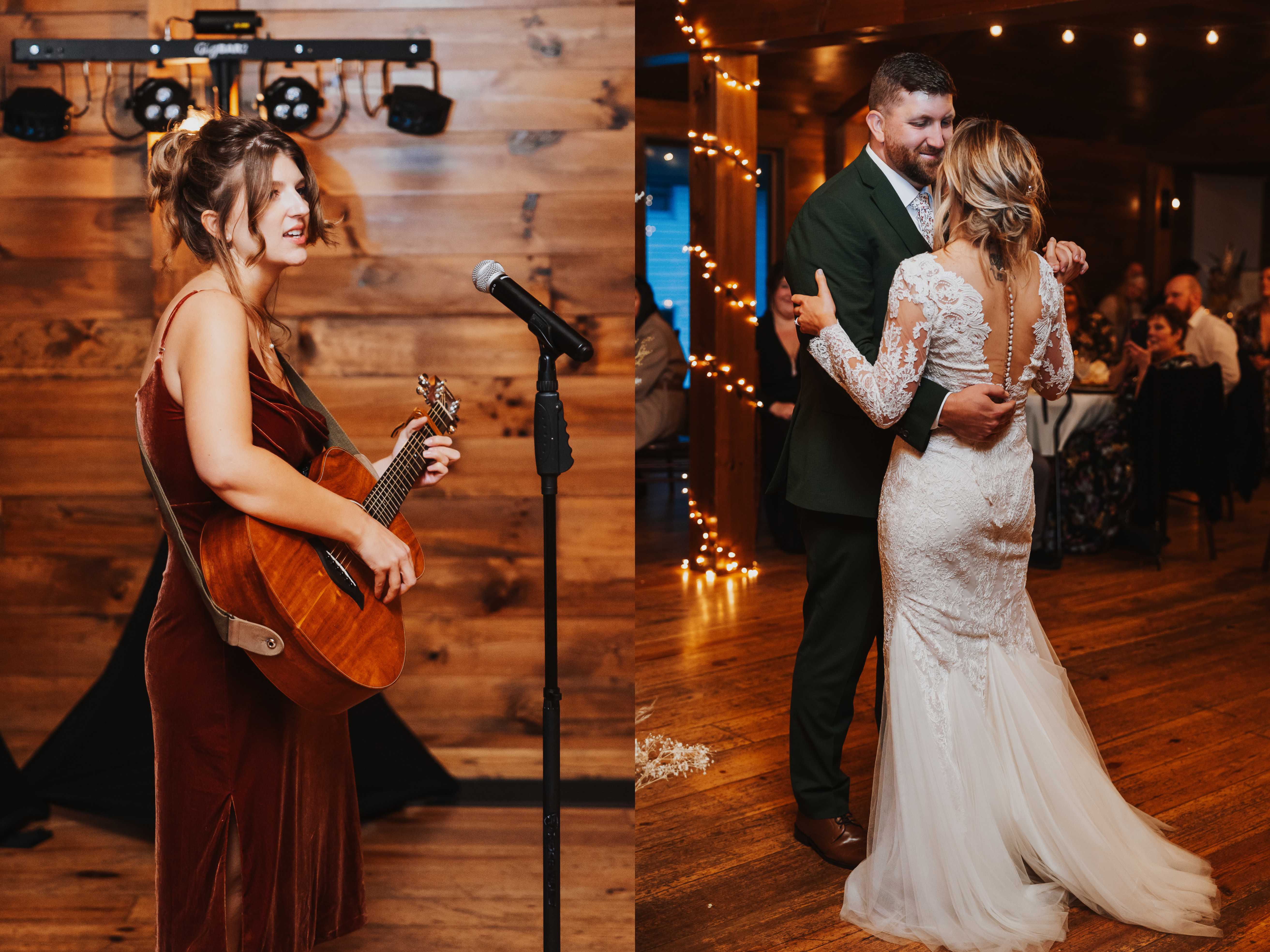 2 photos side by side, the left is of a woman singing while playing an acoustic guitar, the right is of a bride and groom dancing to the music as guests watch