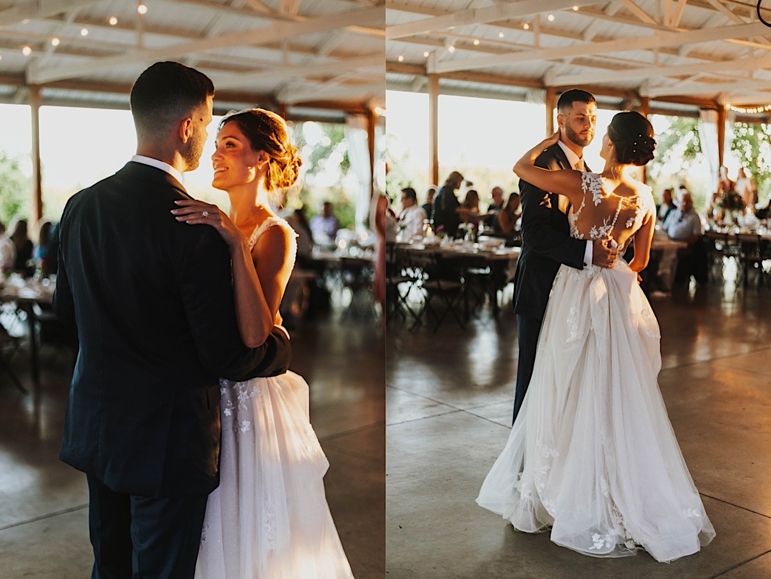 2 photos side by side of a bride and groom sharing their first dance while the sun sets 2 photos side by side of a bride and groom sharing their first dance while the sun sets
