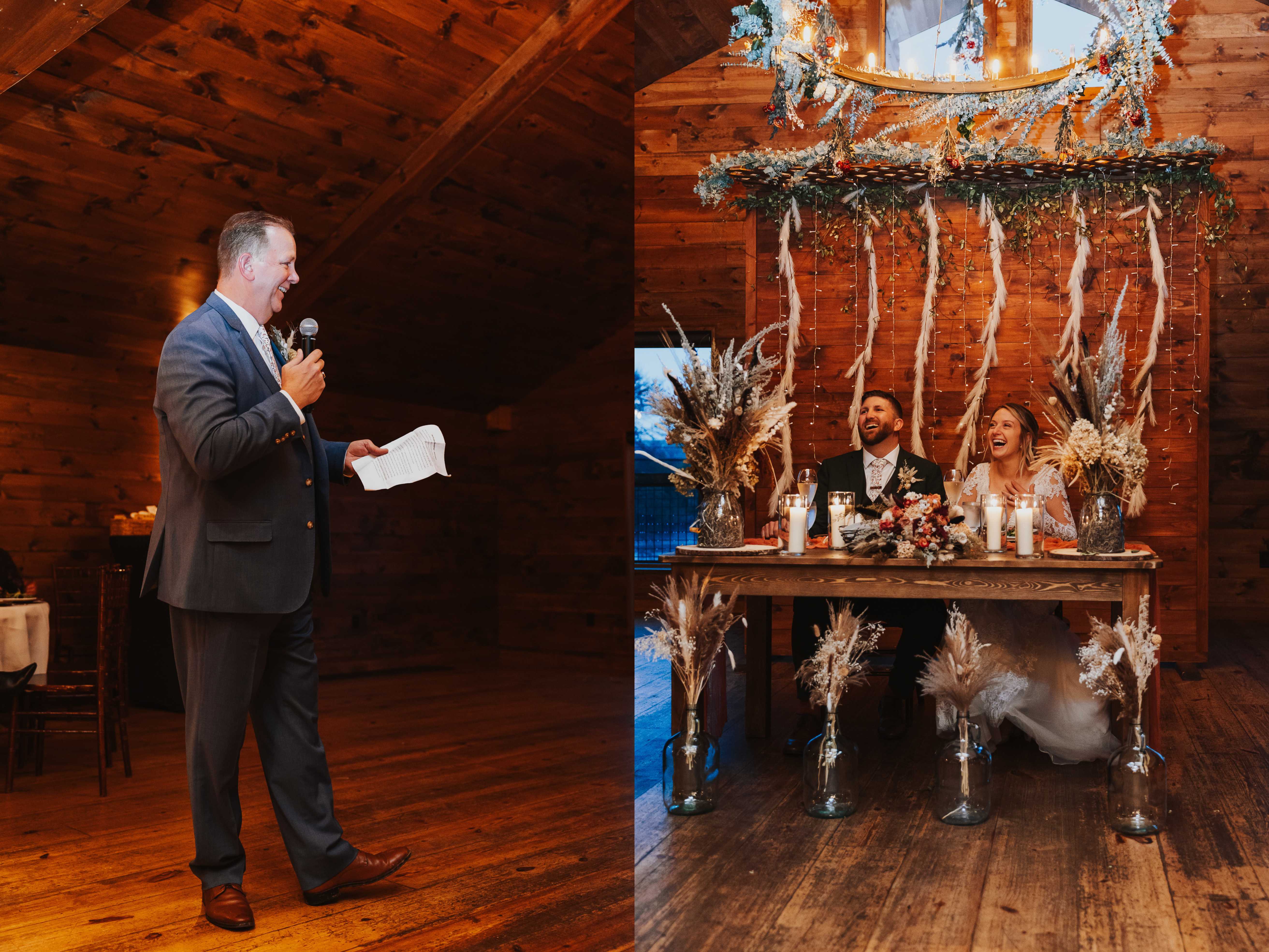 2 photos side by side, the left is of a man giving a speech during an indoor wedding reception, the right is of a bride and groom laughing while sitting at their table during the speech