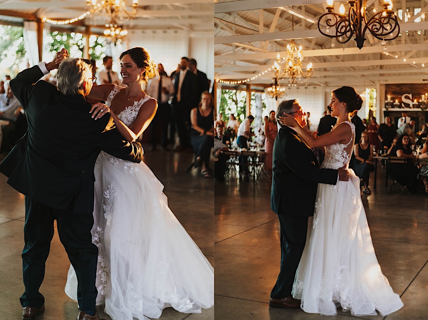 2 photos side by side of a bride dancing with her father during her wedding reception as the sun sets to the right