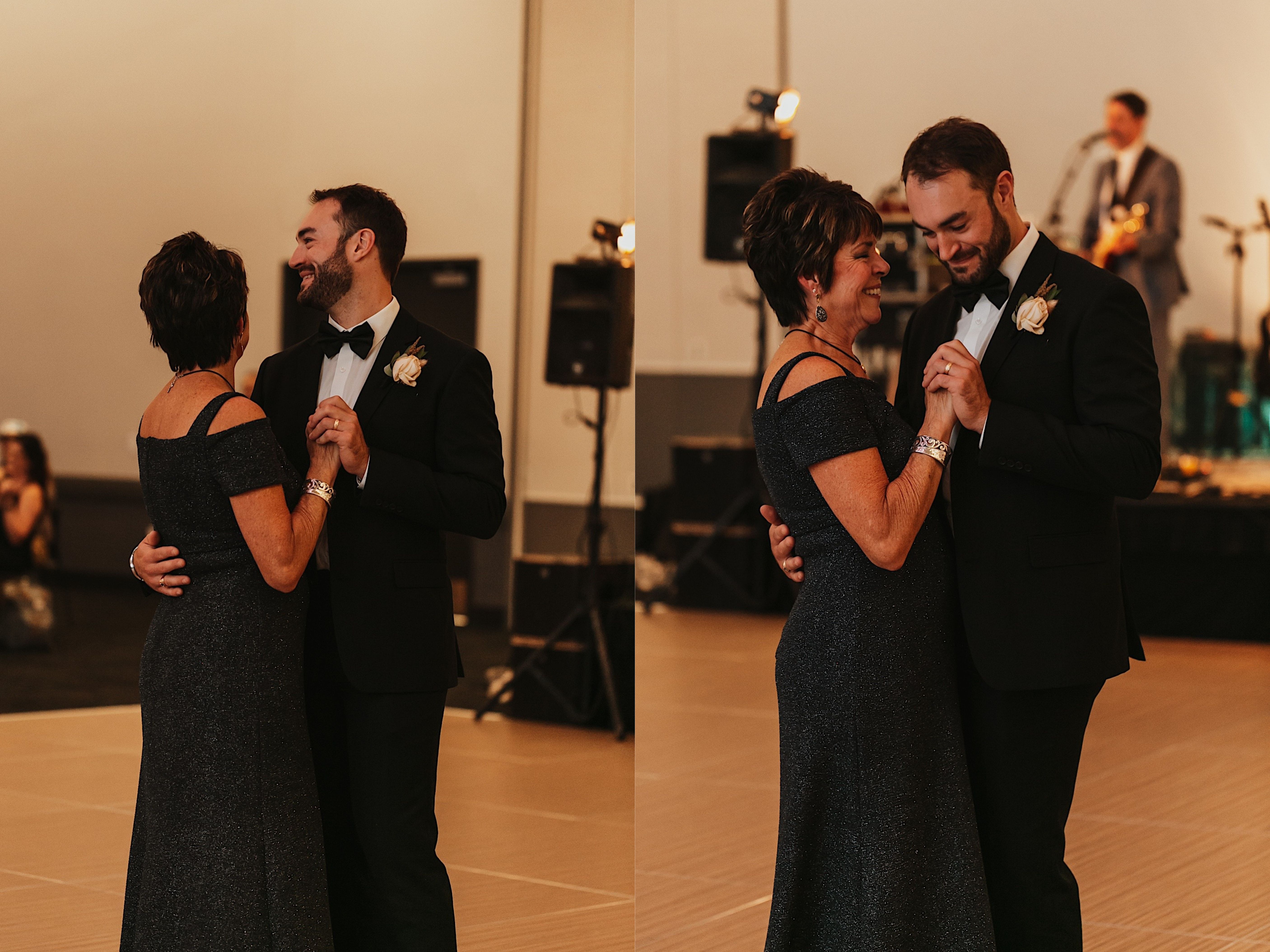 2 side by side photos of a groom dancing with his mother during his wedding reception