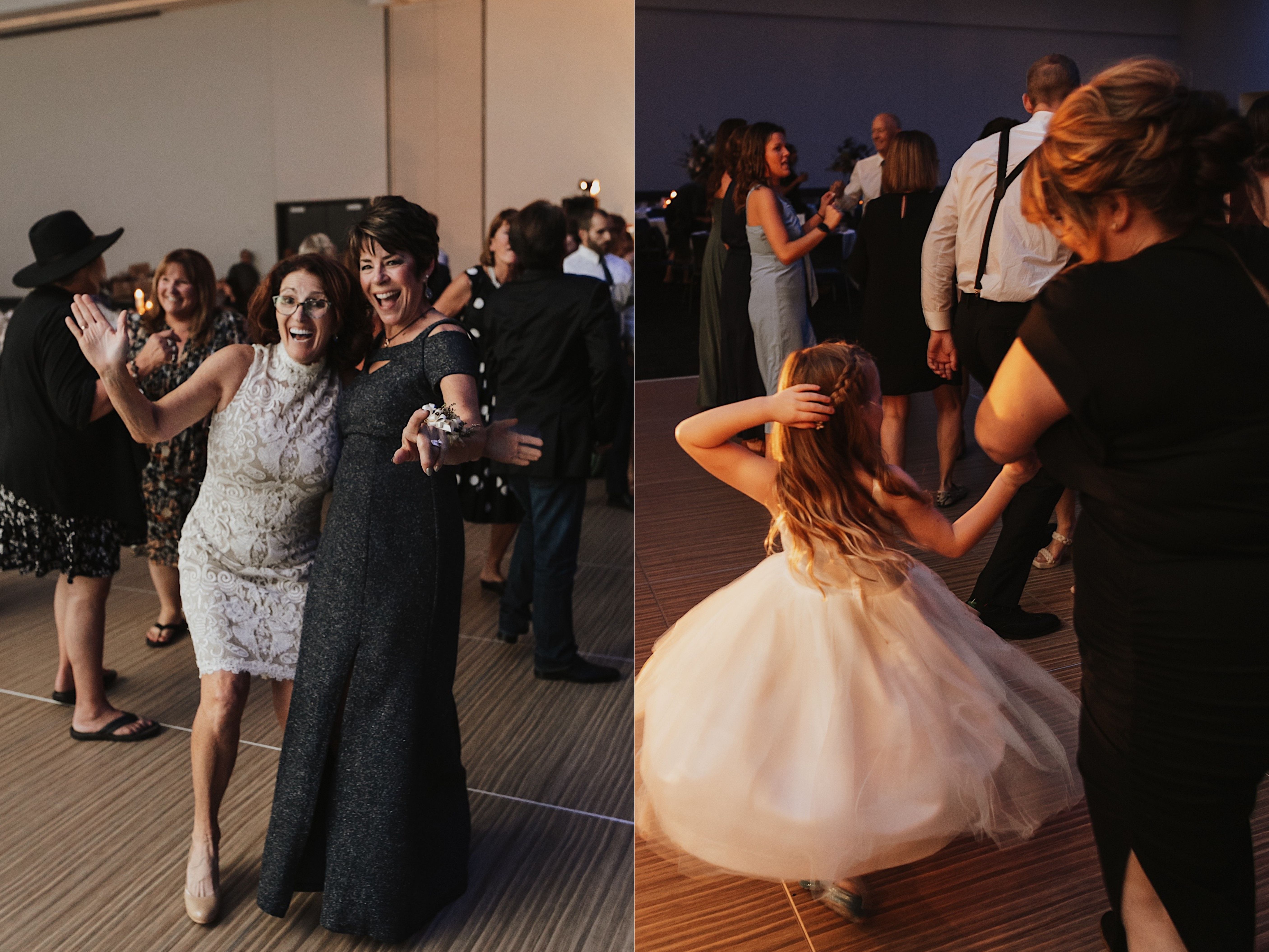 2 side by side photos of guests dancing at a wedding, the left is of two women smiling at the camera and the right is of a little girl spinning in her dress
