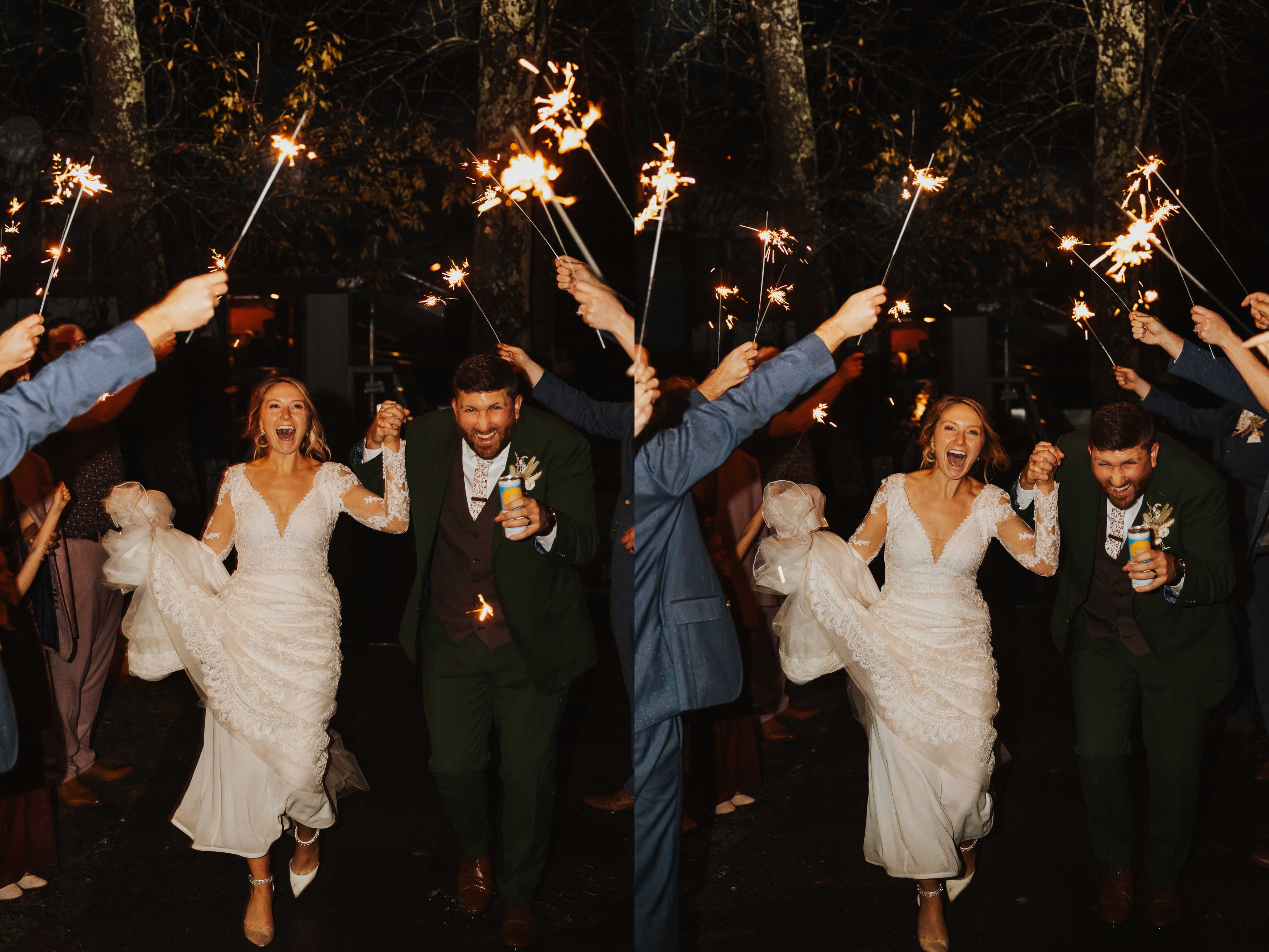 2 photos side by side of a bride and groom running and smiling as they exit their wedding reception through a tunnel of sparklers held by their guests