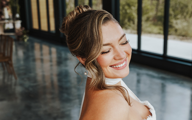 Bride on wedding day at Woods and Co venue
